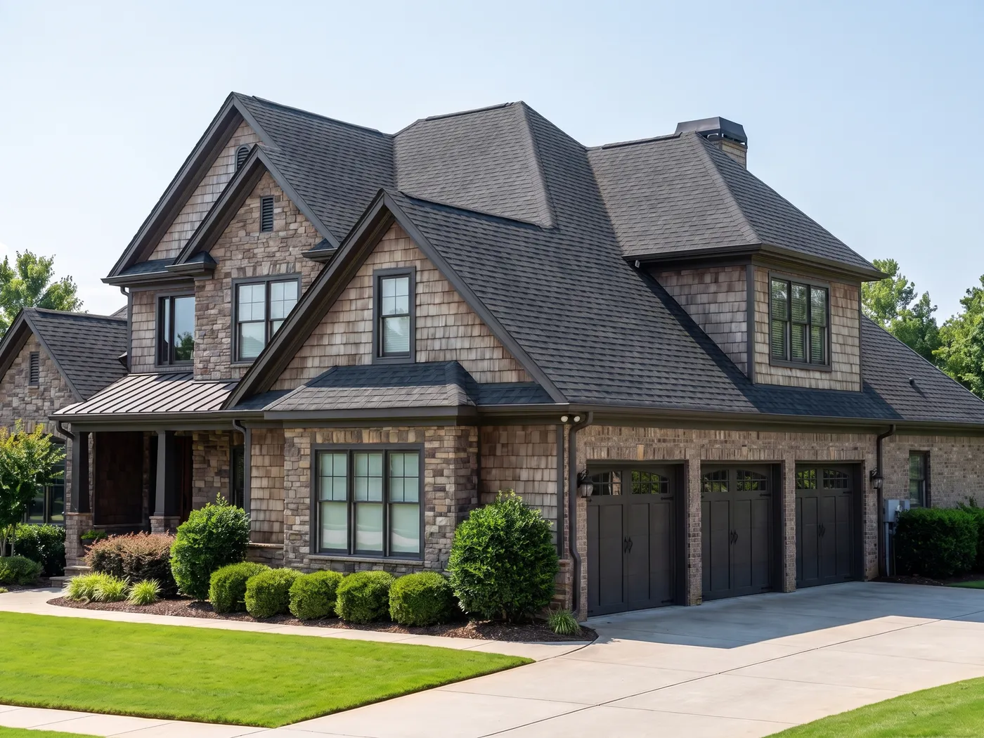Before and after of a storm-damaged roof replaced with architectural shingles on a North Hills home in Raleigh, NC
